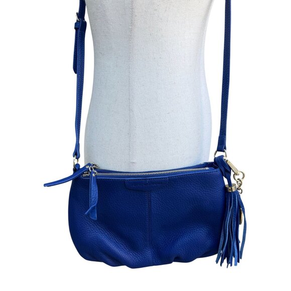 Isaac Mizrahi Crossbody Genuine Leather Bag Blue Tassel Adjustable Strap New - Picture 5 of 13